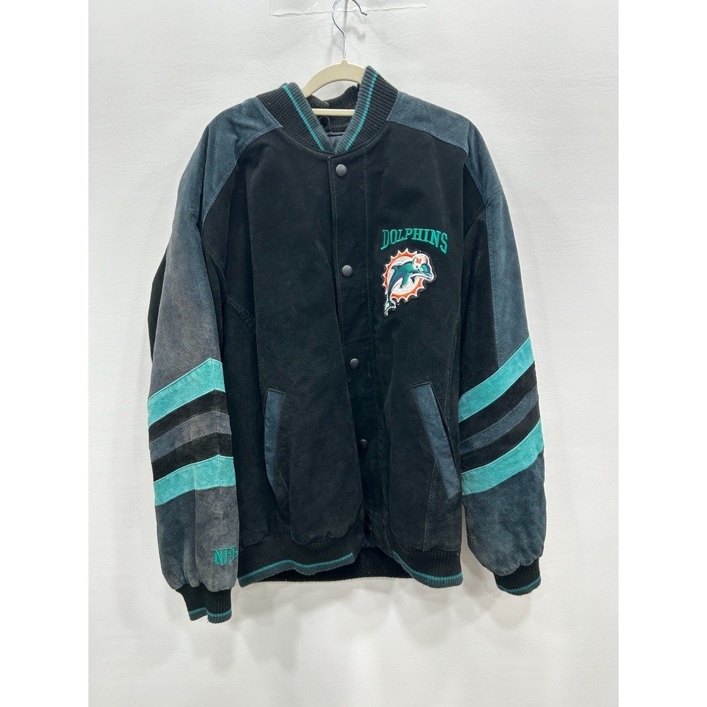 NFL Leather Suede Miami Dolphins Jacket Mens L Black Teal Varsity Style Football